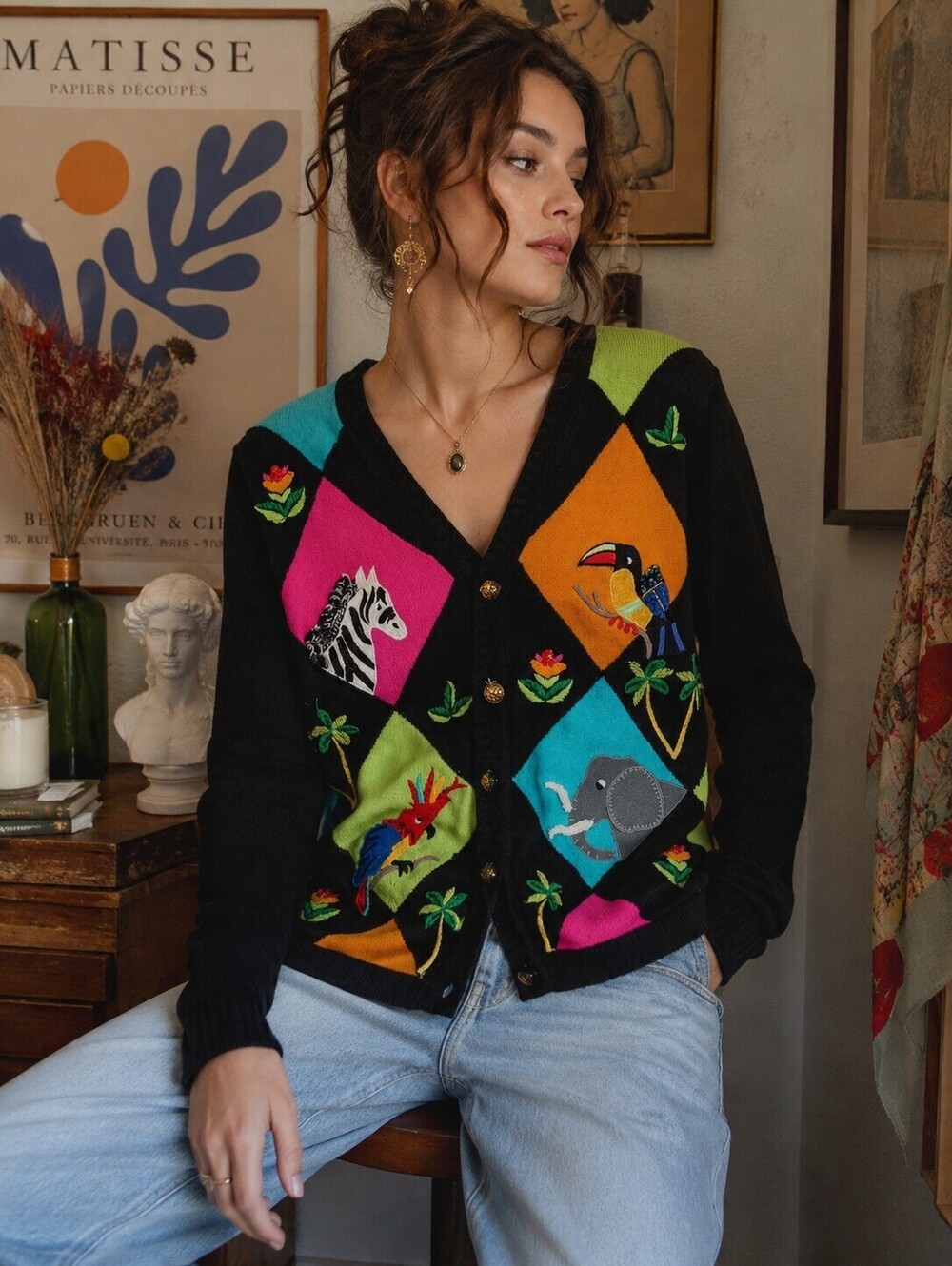 Vintage Jack B Quick Large Ramie Cotton Tropical Animal Embroidered Cardigan